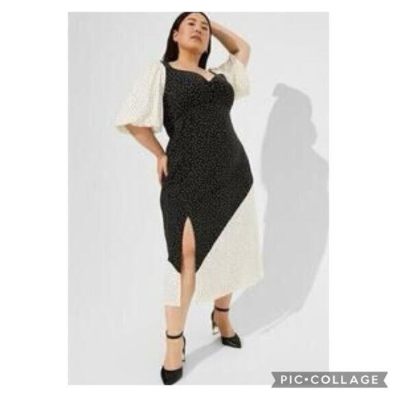 Torrid Black White Stretch Polka Dot Puff Sleeve Slit Midi Dress Plus Size 3X - Picture 1 of 8